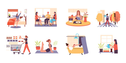 Canvas Print - Woman everyday life. Cartoon girl daily routine scenes, female person shopping, have lunch, spending time with friends, relaxing and doing yoga. Vector isolated set