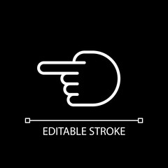 Sticker - Hand pointing aside pixel perfect white linear icon for dark theme. Finger showing direction. Hand gesture. Thin line illustration. Isolated symbol for night mode. Editable stroke. Arial font used