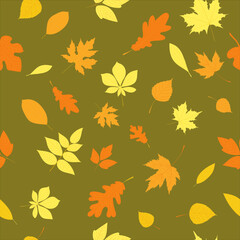 Wall Mural - seamless green background with yellow leaves, vector