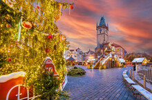 Beautiful Christmas Market In The Winter Holiday, In Prague, Europe
