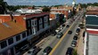 Low aerial view of main street usa, Charles Town, West Virginia, WV on a beautiful sunny day.