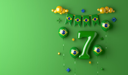 Wall Mural - Brazil independence day decoration background with 7 balloon number, bunting flag, copy space text, 3D rendering illustration