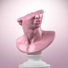 Abstract Funny Illustration From 3D Rendering Of A Broken Pink Silicone Fragment Of Classical Male Head Sculpture With Lip Augmentation On A White Pedestal And Isolated On Background.