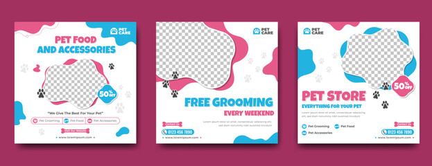 Wall Mural - set of social media post template design for pet shop. editable square banner with place for the pho