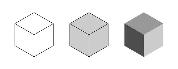 Basic Geometry Set of Cubes with Wireframe or Contour, Solid and Shaded Cube Forms in Perspective. Vector Image.