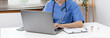 Veterinarian or animal nurse is using a laptop to collect veterinary history and recommend a medical diagnosis in a hospital, Save animals, Care and treatment, Animal hospital.