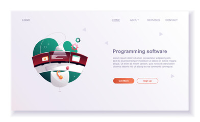 Wall Mural - programming concepts, coder workplace, vector illustration. web site landing page template.