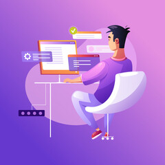 Wall Mural - programmer concentrated at working project. developing programming and coding technologies. screen w