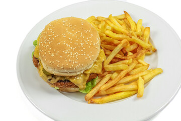 Sticker - burger et frites  en gros plan dans une assiette