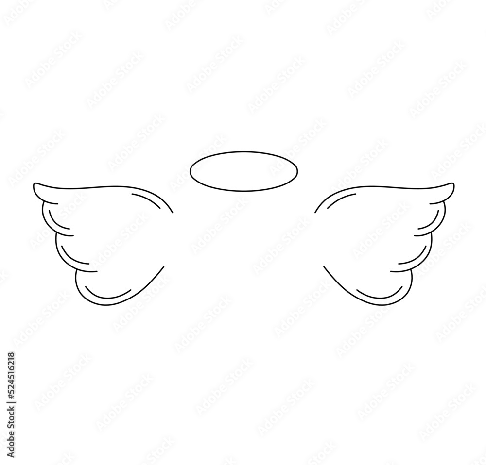 Vector isolated pair of angel wings with halo colorless black and white ...