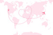 © Alrika  - A pink airplane flying over a pink world map. Dashed route line in the form of a heart. Vector illustration