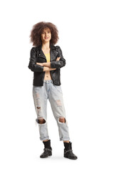 Sticker - Full length portrait of a young caucasian woman with afro hairstyle wearing a leather jacket and jeans