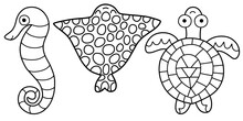 Hand-drawn Sea Horse, Electric Ray And Sea Turtle Coloring Page Vector Illustration. Simple Cartoon Sea Animals Set Black Outline Isolated On White. Cute Linear Three Sea Animals Printable Page