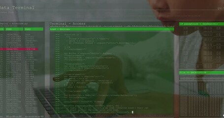 Poster - Animation of data processing over asian girl using laptop