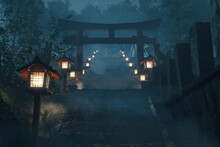 3d Rendering Of An Old Japanese Shrine With Red Torii Gate And Wooden Illuminated Lantern At Foggy Night