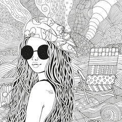 Wall Mural - Young beautiful girl in sunglasses and bandana. Deckchair on a beach, facing out to sea. Zentangle style. Black and white doodle coloring book page for adult and children.