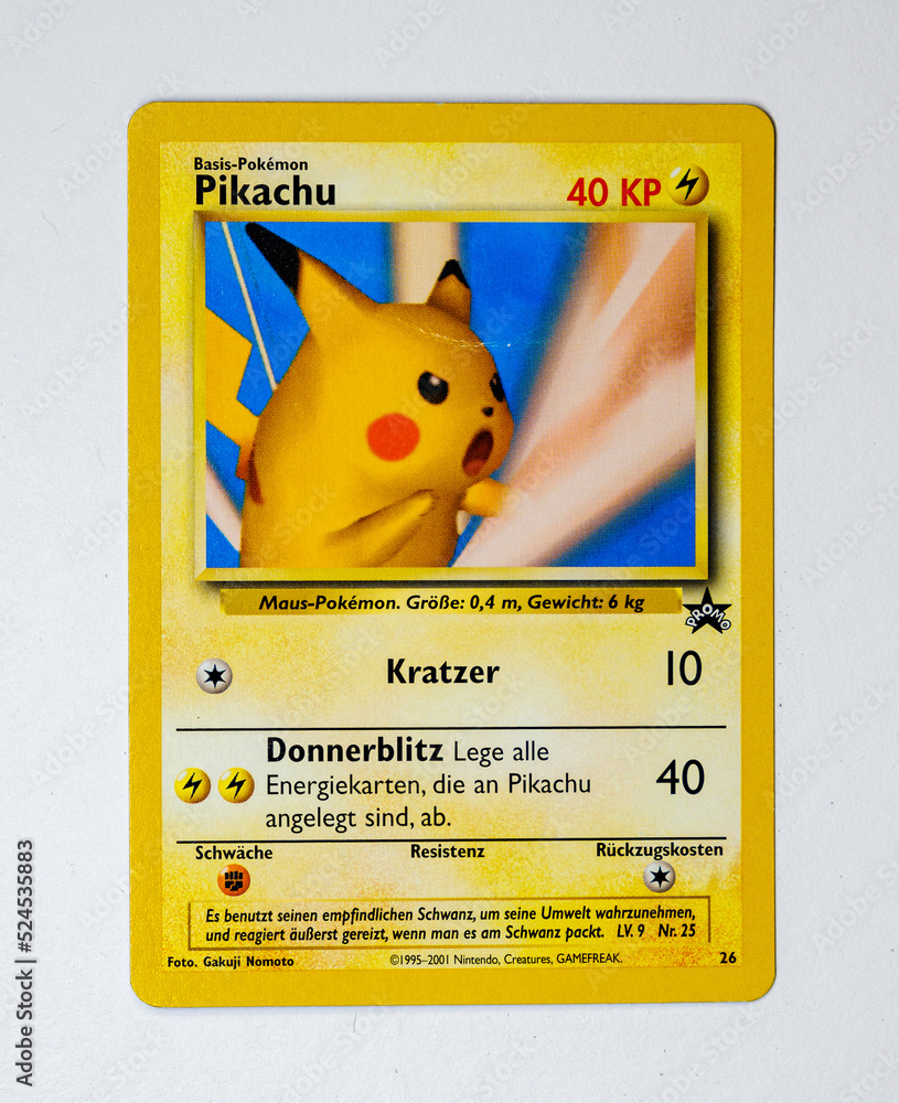 Hamburg, Germany - 08192022: photo of the german Wizards Black Star Promo pokemon  card Pikachu WP 26 on white background. Stock Photo | Adobe Stock