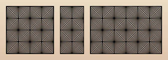 Aufkleber - Laser cut panel set. Vector template with abstract geometric pattern, lines, stripes, squares. Optical illusion effect. Decorative stencil for laser cutting of wood, metal. Aspect ratio 1:1, 1:2, 3:2