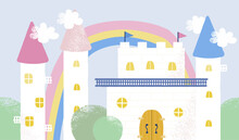 Cute Fresco With A Magic Castle And Towers For A Child's Room. Cartoon Fairytale Town. Vector Hand Drawn Illustration.
