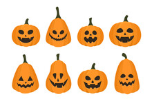Halloween Pumpkin Set. Orange Happy And Scary Pumpkin Face. Vector Illustration Isolated On White Background.