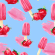 Watercolor background with ice cream on a stick and juicy strawberries. Seamless pattern for bright colorful wallpaper, textiles, packaging, office and bed linen.