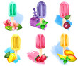 An appetizing collection of fruit ice cream decorated with fresh fruits and flowers. Watercolor drawing by hand for decorating postcards, menus and posters about food.