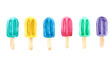 Collection of fruit ice cream on a stick, on a white background. Watercolor drawing for decorating postcards, menus and posters about food and desserts.