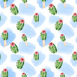 A bright background with a green cactus with a flower and blurred blue spots. Seamless watercolor pattern for colorful wallpaper, menus, textiles, packaging, office and bed linen.