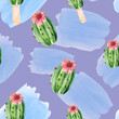 A bright background with a green cactus with a flower and blurred blue spots. Seamless watercolor pattern for colorful wallpaper, menus, textiles, packaging, office and bed linen.