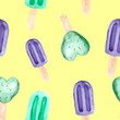 Watercolor original background with cactus and fruit ice cream on a stick. Seamless pattern for bright colorful wallpaper, textiles, packaging, office and bed linen.