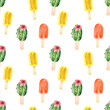 Watercolor original background with cactus and fruit ice cream on a stick. Seamless pattern for bright colorful wallpaper, textiles, packaging, office and bed linen.