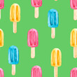 Watercolor background with multicolored ice cream on a stick on a green background. Seamless pattern for bright colorful wallpaper, textiles, packaging, office and bed linen.