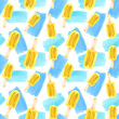 Watercolor background with yellow ice cream on a stick and blue spots. Seamless pattern for bright colorful wallpaper, textiles, packaging, office and bed linen.