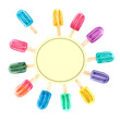 Popsicle on a stick in a circle, isolated on a white background. A postcard with space for text. Watercolor hand drawing for menu design and posters on food and desserts.