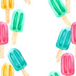 Lots of popsicles on a stick, isolated on a white background. A postcard with space for text. Watercolor hand drawing for menu design and posters on food and desserts.