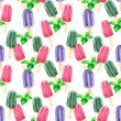 Watercolor background with colorful ice cream on a stick and fresh mint leaves. Seamless pattern for bright colorful wallpaper, textiles, packaging, office and bed linen.