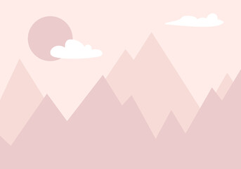  Mountains, sun and clouds. For children's wallpapers, decor, web banners, posters. Vector illustration. Children's wallpaper. Hand drawn in scandinavian style. Mountain landscape.