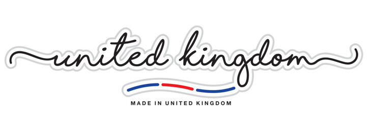 Made in United Kingdom, new modern handwritten typography calligraphic logo sticker, abstract UK flag ribbon banner