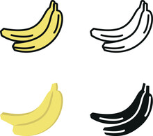 Banana Illustration In Flat Style, Line Art,  Silhouette And Colored Icons