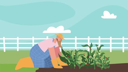 Wall Mural - blond female farmer worker character animation