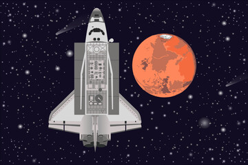 Wall Mural - space shuttle with open cargo compartment near the mars planet of solar system. vector illustration.