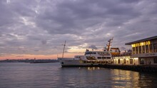 Sunset Sky Istanbul City Ferry Dock Panorama 4k Timelapse Turkey  