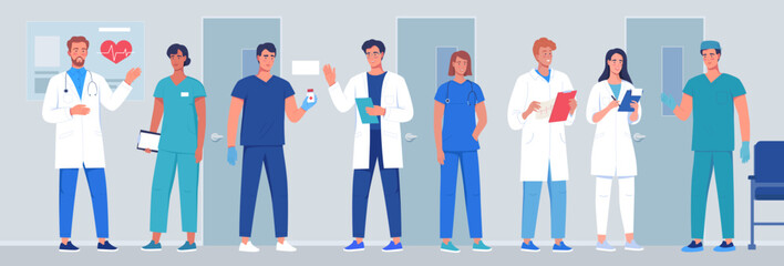 Medical workers, doctors and nurses in the hospital. Medical uniform vector illustration