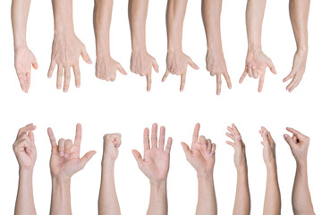 Set of Man hand gestures isolated on transparent background - PNG format.