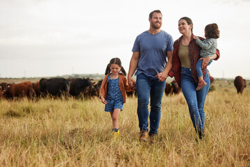 Wall Mural - Farmer family, cow farm and bonding mother, father and children on environment or countryside sustainability agriculture field. Happy people and kids walking by cattle for meat, beef or food industry