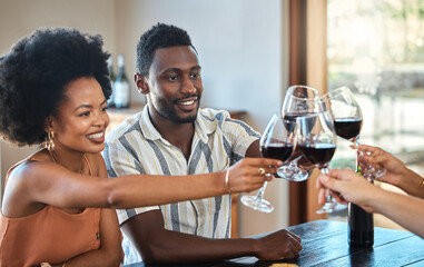 Canvas Print - Black couple celebrating their anniversary with friends, toasting and drinking red wine. Happy girlfriend and boyfriend bonding at a family gathering, together for an engagement or proposal