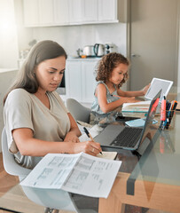 Poster - Mother and daughter being productive with remote work and homework, multitasking at a kitchen table at home. Parent and child serious while paying bills and watching an online education programme