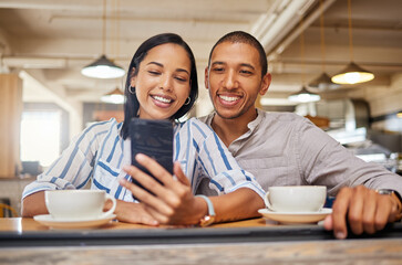 Poster - Happy couple on a video call on phone, bonding on a coffee date at a cafe or restaurant, taking a selfie. Young girlfriend and boyfriend browsing online, checking social media and relaxing together