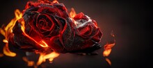 Heartbroken Concept By Spectacular Fresh Rose Petals On Fire, Leaving Some Into Black Ashes And Embers. Digital Art 3D Illustration.