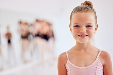 Little ballerina girl learning ballet dancing, art form and hobby in dance studio. Portrait of cute young child, smile dancer and happy kid excited for classical performance lesson, training and fun